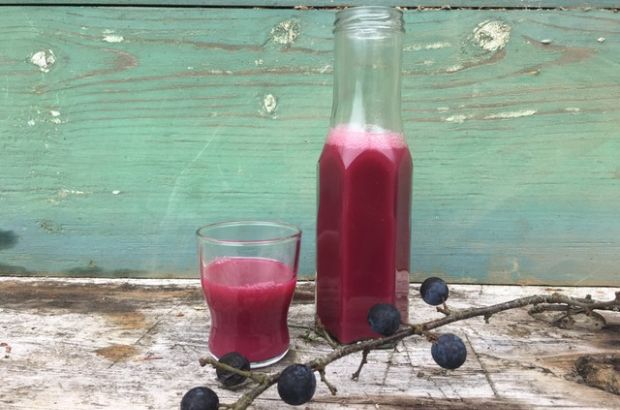 Ein Glas Schlehensaft steht neben einer Flasche Schlehensaft.