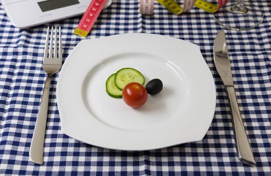 Leerer Teller mit zwei Gurkenscheiben, einer Tomate und Olive auf karierter Tischdecke.