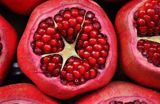 Granatapfel, aufgeschnitten von vorn zeigt seine Kerne.