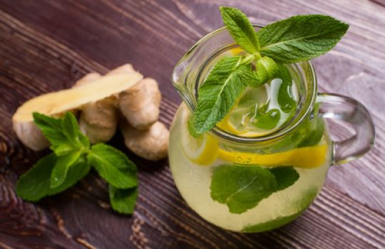 Ein Krug Limonade mit Minze und Zitrone ist zu sehen.